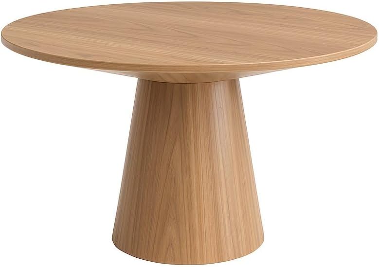 Alpine Furniture Brown Round Dining Table 59 Inches, Natural Finish with Tapered Pedestal Base, Solid Rubberwood Mindi Veneer, Seats 4-6 for Kitchen