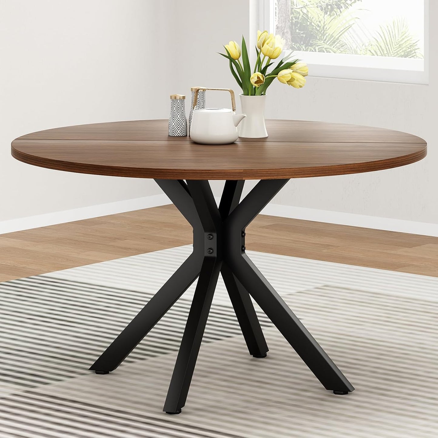 Soohow 47.2" Solid Wood Round Dining Kitchen Table for 4-6 People with Intersecting Pedestal Base