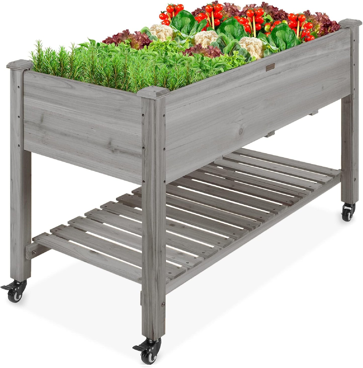 Best Choice Products Raised Garden Bed 48x24x32-inch Mobile Elevated Wood Planter w/Lockable Wheels, Storage Shelf, Protective Liner - Natural