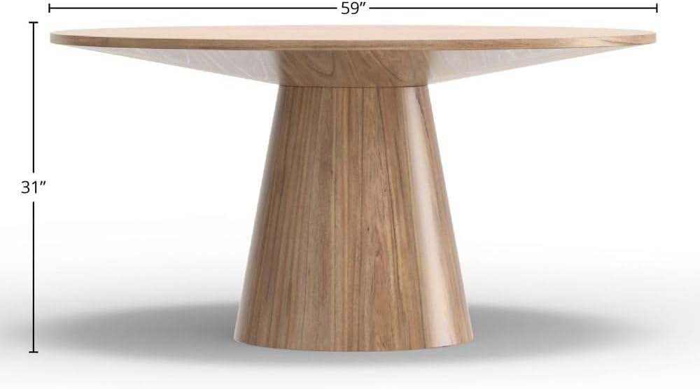 Alpine Furniture Brown Round Dining Table 59 Inches, Natural Finish with Tapered Pedestal Base, Solid Rubberwood Mindi Veneer, Seats 4-6 for Kitchen