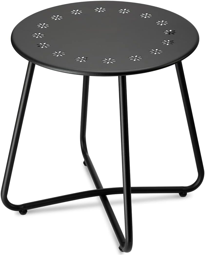 danpinera Outdoor Side Tables with Flower Cut Outs, Weather Resistant Steel Patio Side Table, Small Round Outdoor End Table Metal Side Table for Patio Yard Balcony Garden Black
