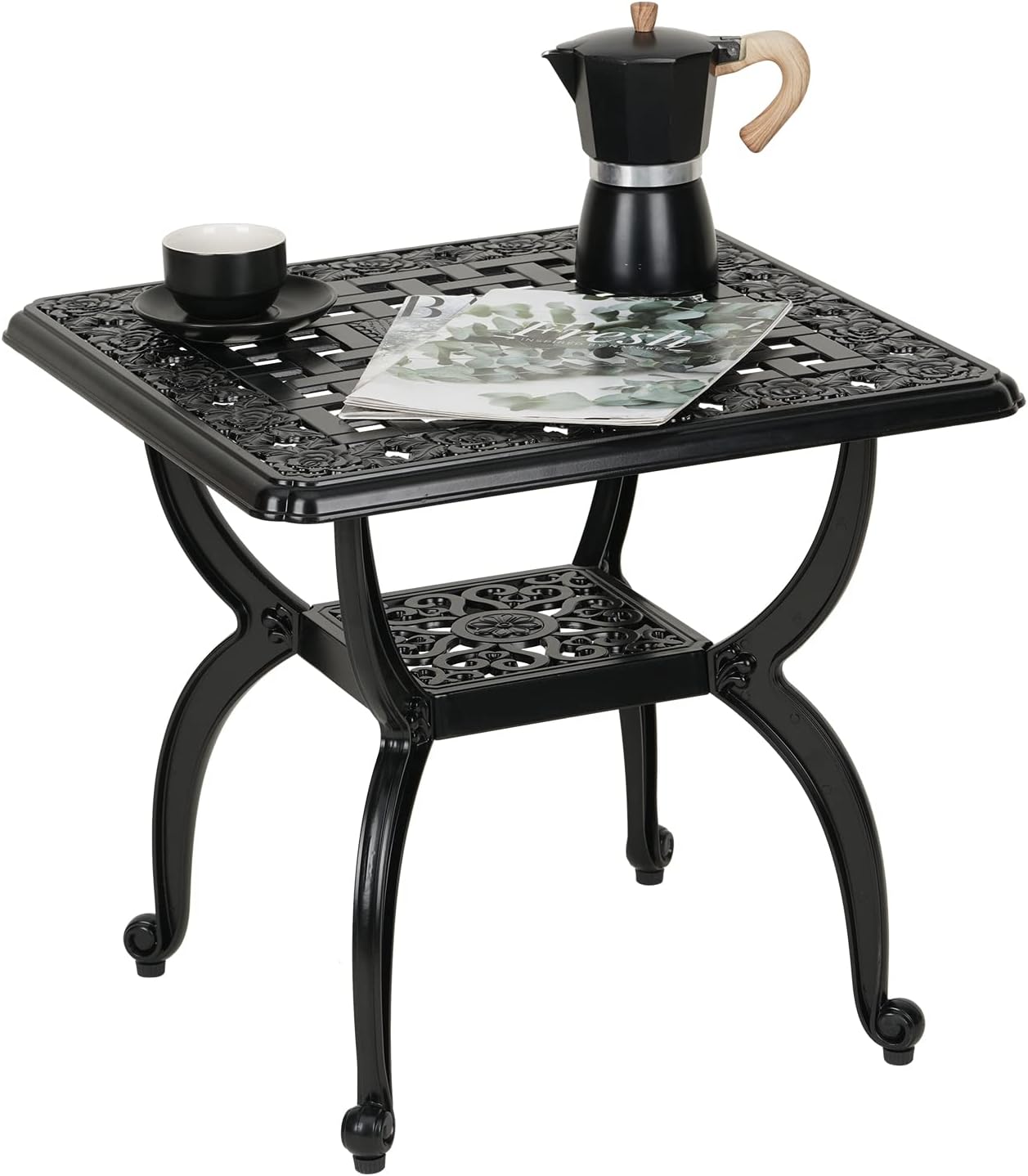 JARDIN DE CENTENNIAL Cast Aluminum Side/End Table, Anti-Rust Coffee Bistro Table for Outdoor, Patio, Indoor, Garden, Porch, Balcony (Round Black)