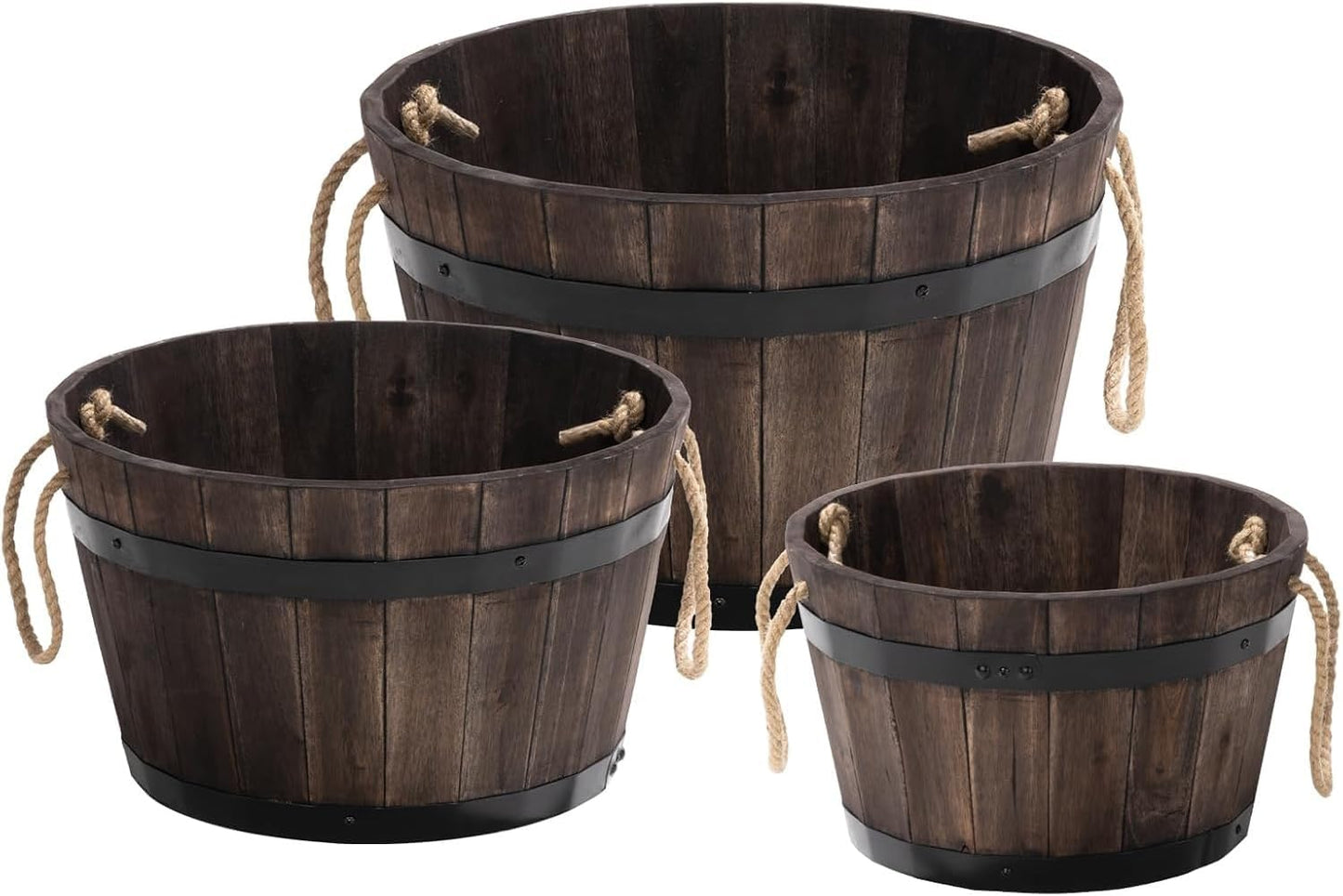 Idzo Set of 3 Wooden Flower Boxes Outdoor, Durable Acacia Wood Barrel Planters for Outdoor Plants with Ergonomic Handles, Drainage Holes, Multiple Sizes Wood Bucket Planter Light Brown