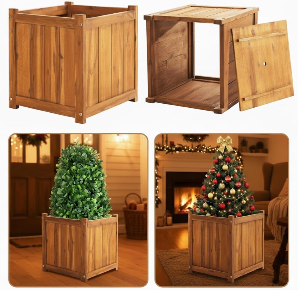 Idzo Set of 3 Wooden Flower Boxes Outdoor, Durable Acacia Wood Barrel Planters for Outdoor Plants with Ergonomic Handles, Drainage Holes, Multiple Sizes Wood Bucket Planter Light Brown