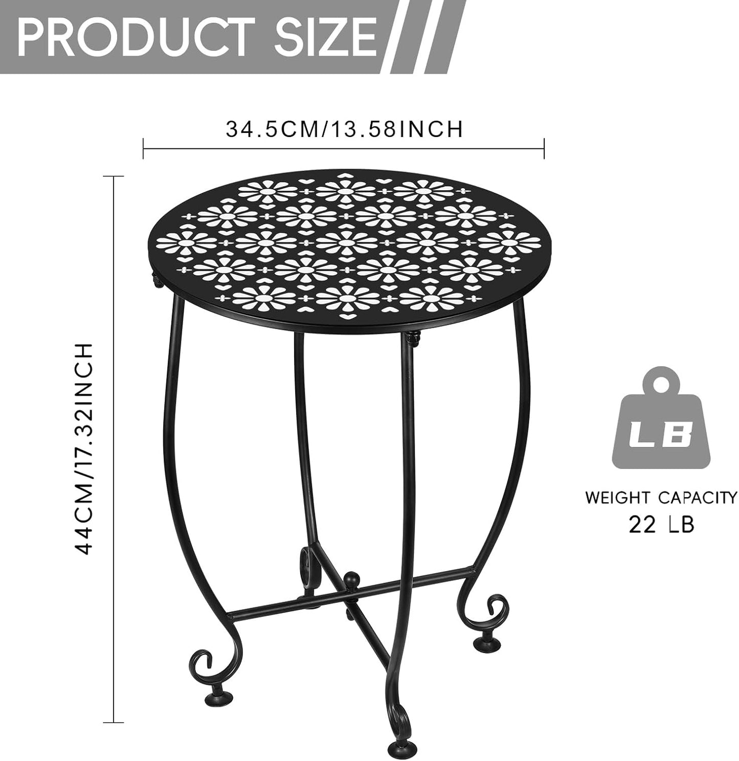 Outdoor Side Table,Outdoor Small Table,Weather Metal Resistant Steel Patio Side Table, Round Outside Table for Porch, Garden,Indoor&Outdoor,Black (Style E)
