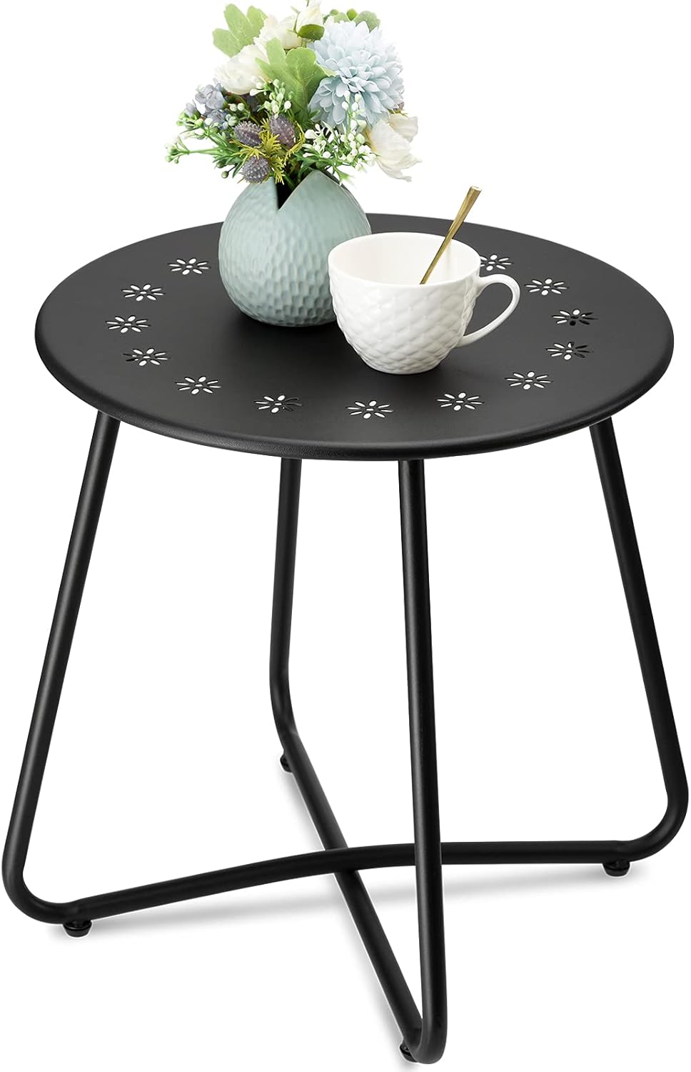 danpinera Outdoor Side Tables with Flower Cut Outs, Weather Resistant Steel Patio Side Table, Small Round Outdoor End Table Metal Side Table for Patio Yard Balcony Garden Black