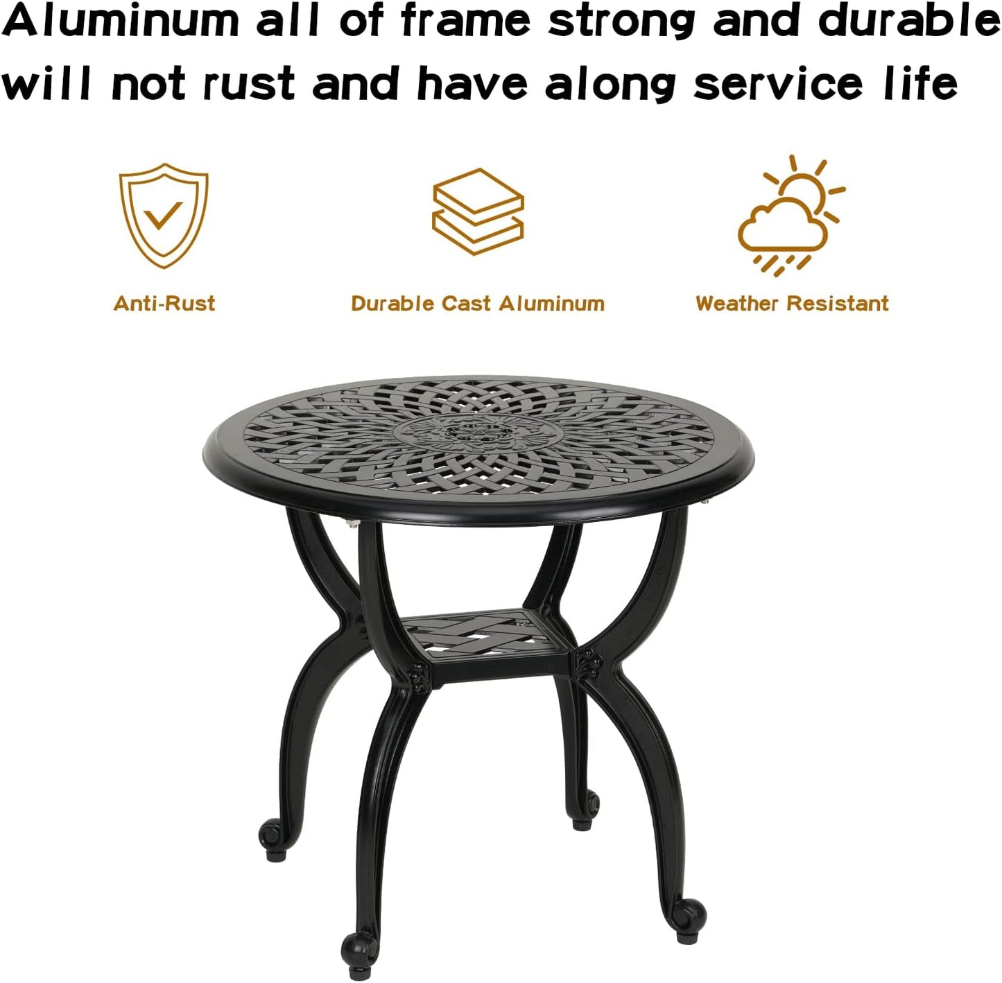 JARDIN DE CENTENNIAL Cast Aluminum Side/End Table, Anti-Rust Coffee Bistro Table for Outdoor, Patio, Indoor, Garden, Porch, Balcony (Round Black)