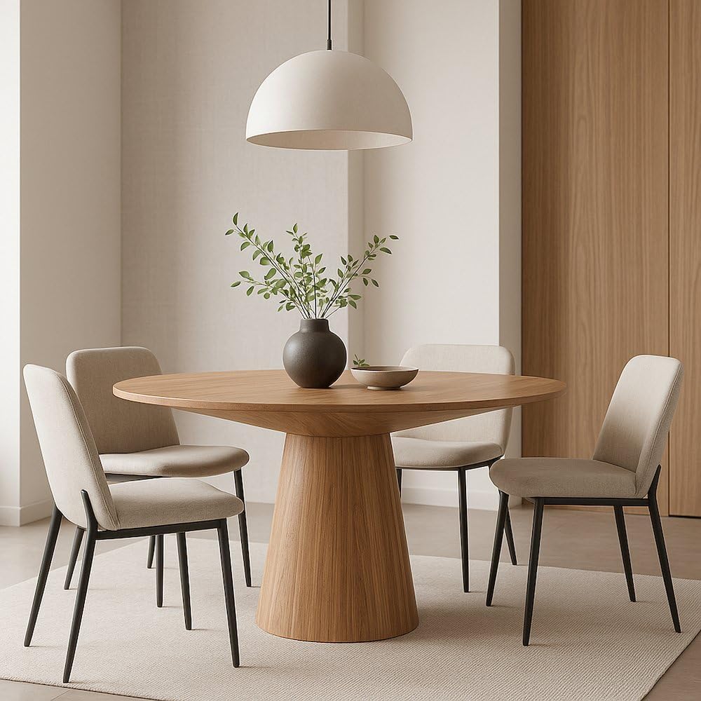 Alpine Furniture Brown Round Dining Table 59 Inches, Natural Finish with Tapered Pedestal Base, Solid Rubberwood Mindi Veneer, Seats 4-6 for Kitchen