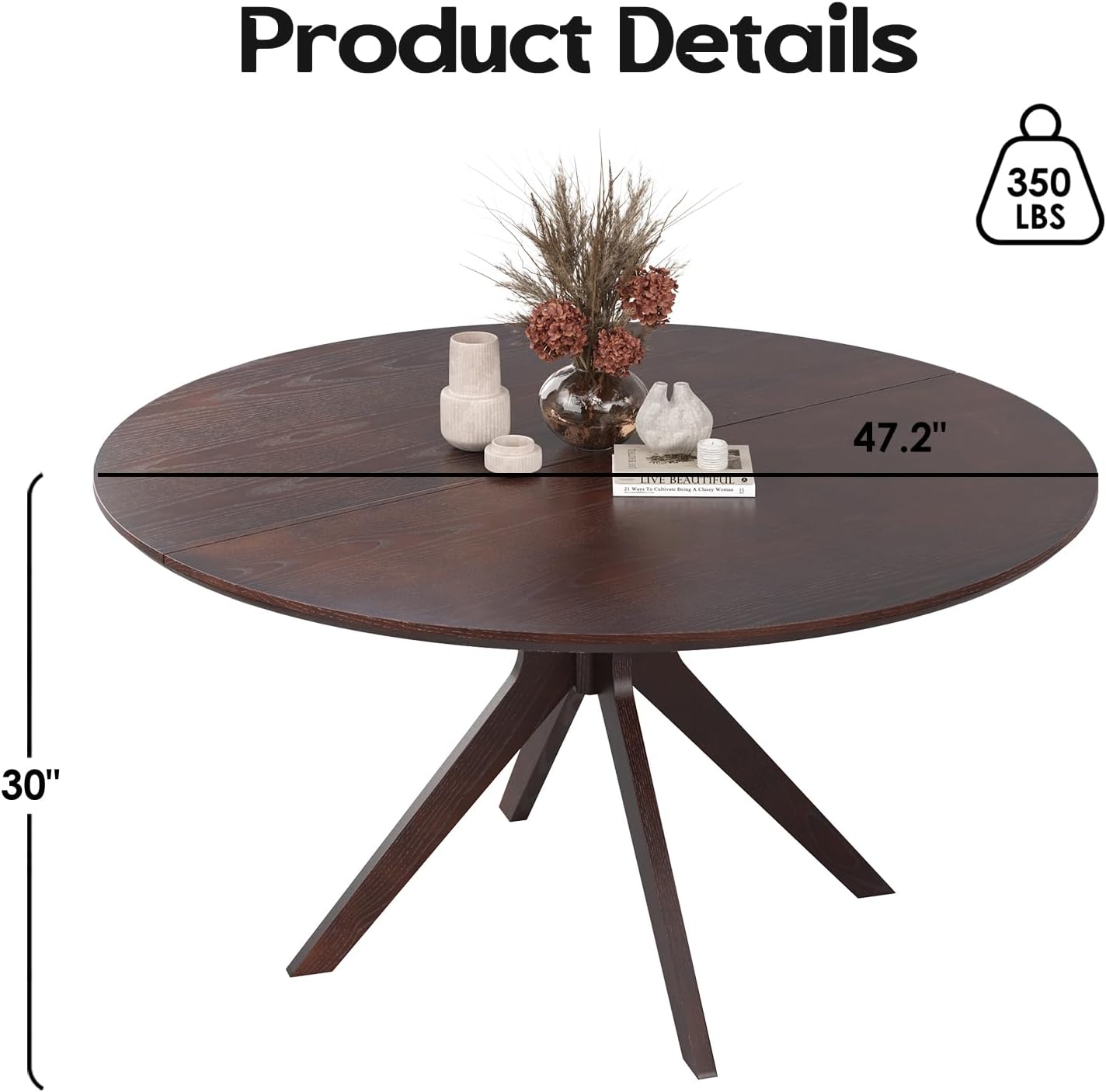 Soohow 47.2" Solid Wood Round Dining Kitchen Table for 4-6 People with Intersecting Pedestal Base