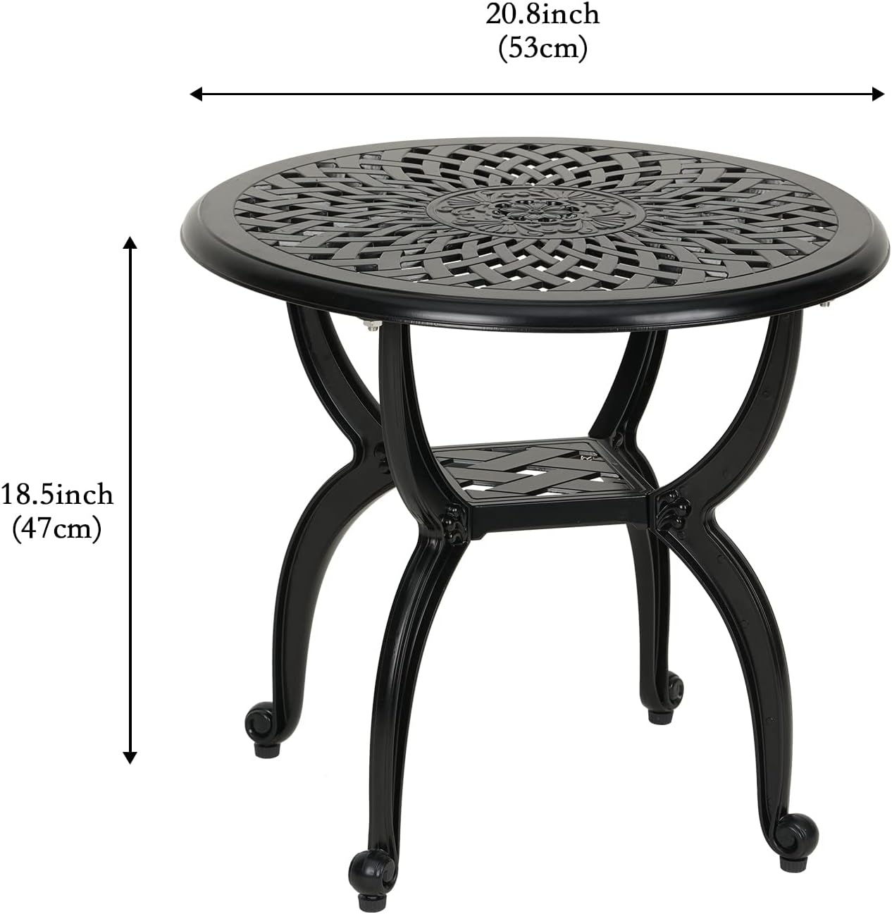 JARDIN DE CENTENNIAL Cast Aluminum Side/End Table, Anti-Rust Coffee Bistro Table for Outdoor, Patio, Indoor, Garden, Porch, Balcony (Round Black)