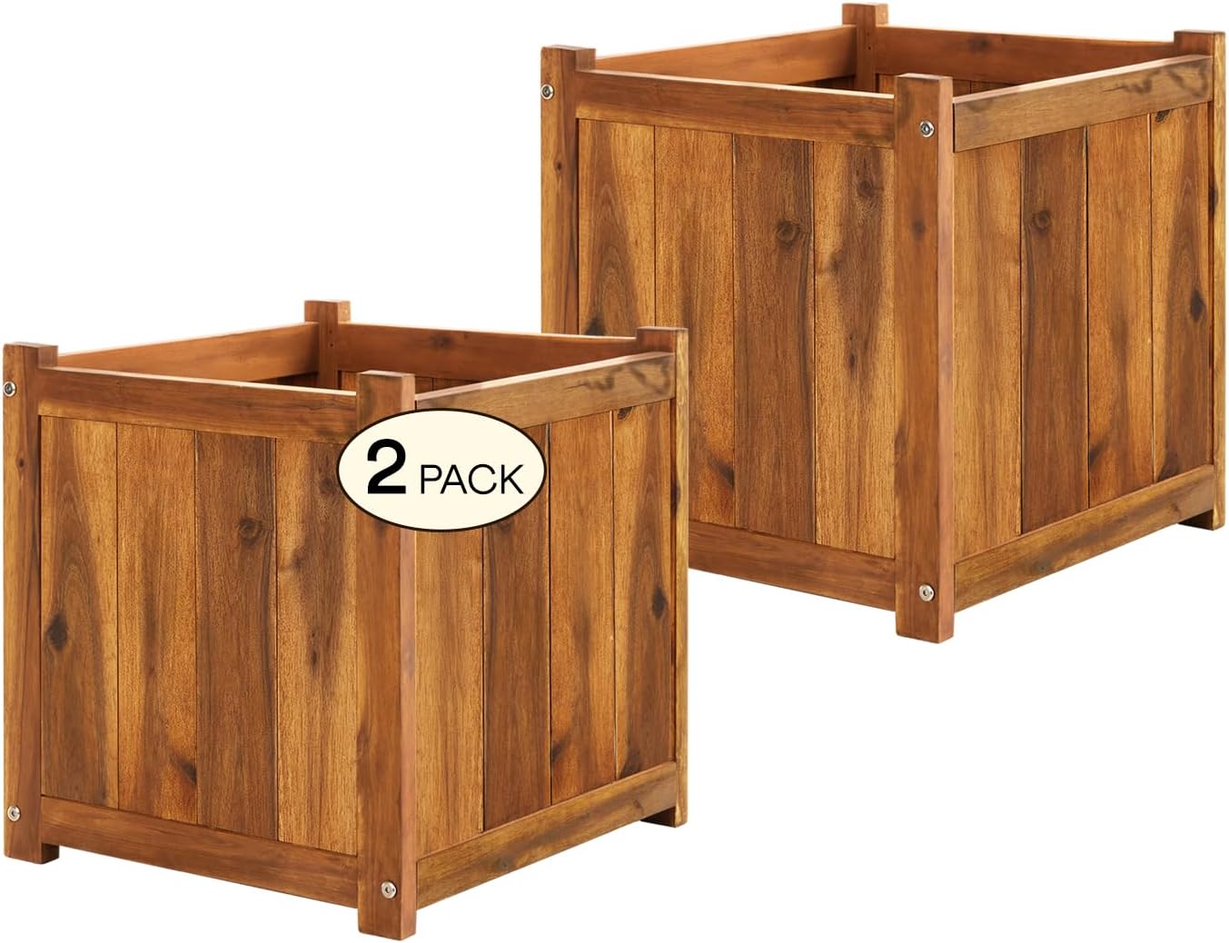 Idzo Set of 3 Wooden Flower Boxes Outdoor, Durable Acacia Wood Barrel Planters for Outdoor Plants with Ergonomic Handles, Drainage Holes, Multiple Sizes Wood Bucket Planter Light Brown