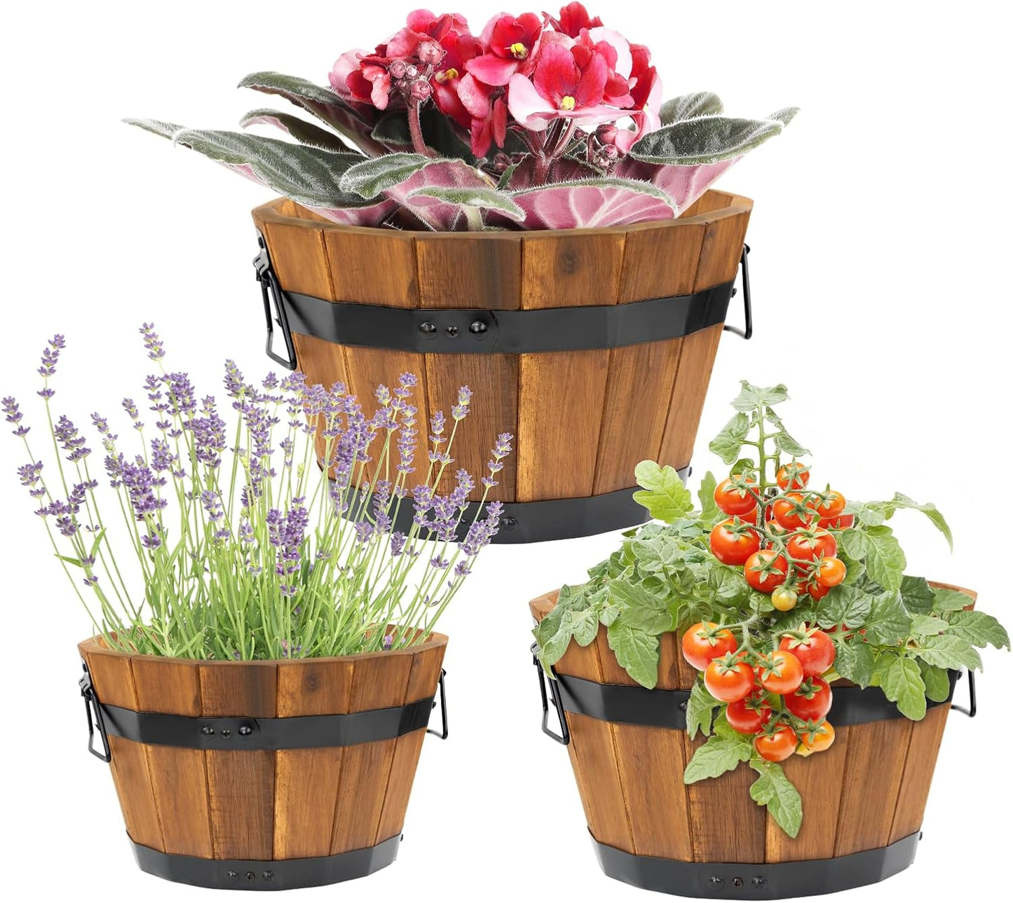 Idzo Set of 3 Wooden Flower Boxes Outdoor, Durable Acacia Wood Barrel Planters for Outdoor Plants with Ergonomic Handles, Drainage Holes, Multiple Sizes Wood Bucket Planter Light Brown