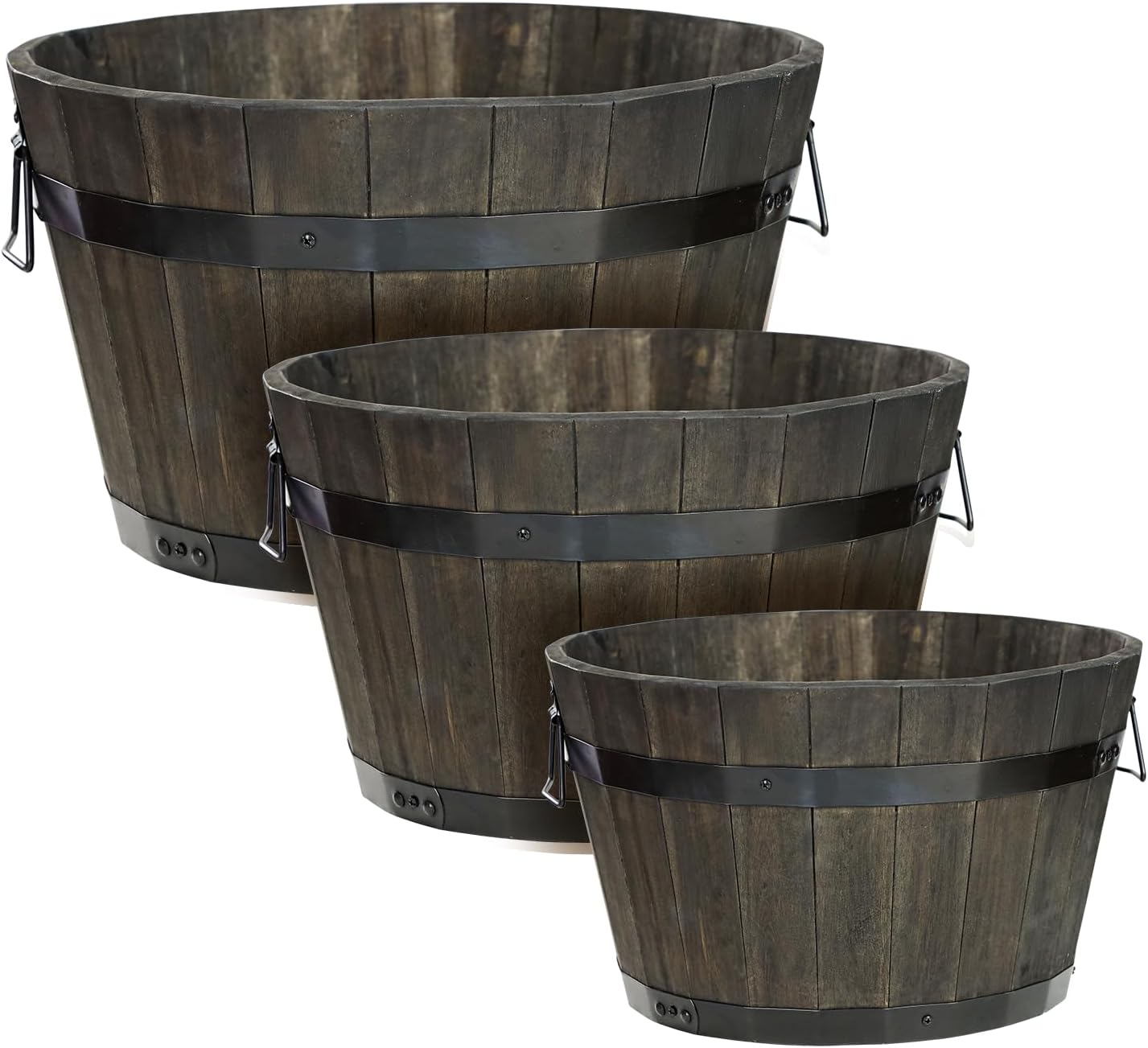 Idzo Set of 3 Wooden Flower Boxes Outdoor, Durable Acacia Wood Barrel Planters for Outdoor Plants with Ergonomic Handles, Drainage Holes, Multiple Sizes Wood Bucket Planter Light Brown