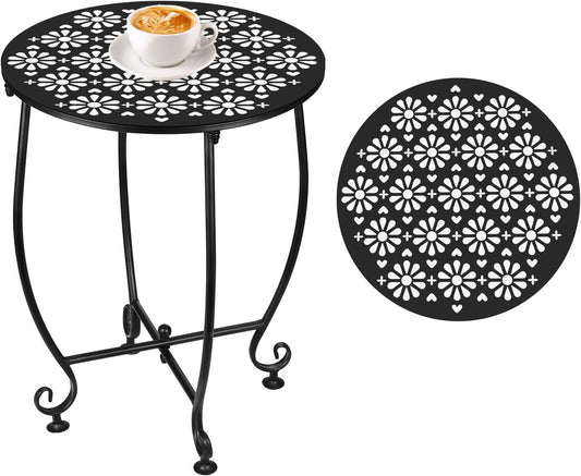 Outdoor Side Table,Outdoor Small Table,Weather Metal Resistant Steel Patio Side Table, Round Outside Table for Porch, Garden,Indoor&Outdoor,Black (Style E)