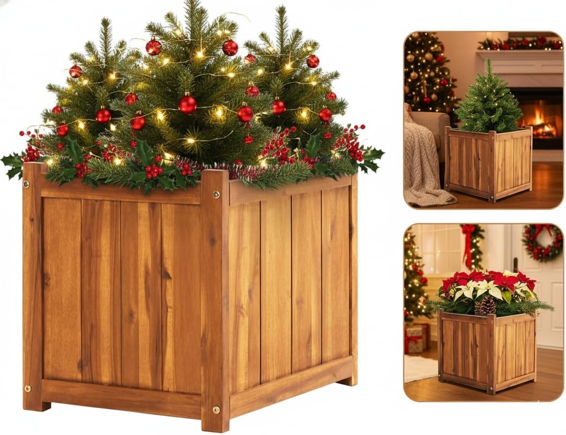 Idzo Set of 3 Wooden Flower Boxes Outdoor, Durable Acacia Wood Barrel Planters for Outdoor Plants with Ergonomic Handles, Drainage Holes, Multiple Sizes Wood Bucket Planter Light Brown