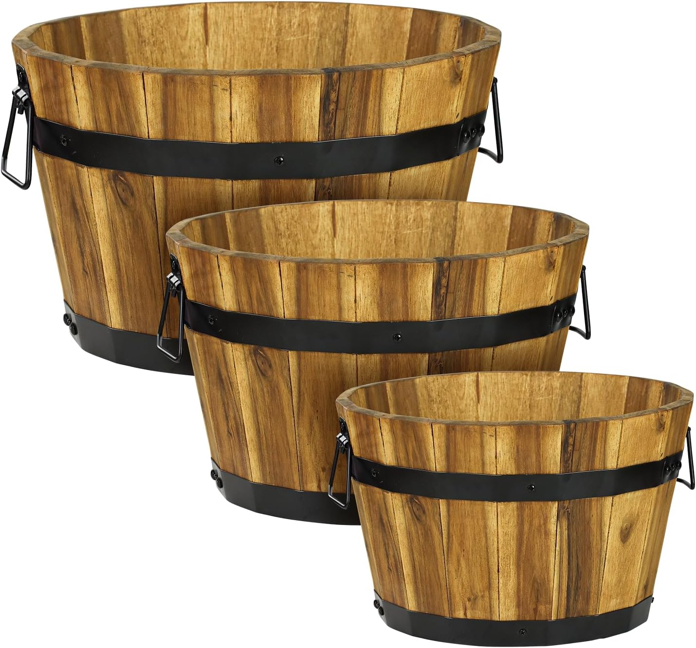 Idzo Set of 3 Wooden Flower Boxes Outdoor, Durable Acacia Wood Barrel Planters for Outdoor Plants with Ergonomic Handles, Drainage Holes, Multiple Sizes Wood Bucket Planter Light Brown