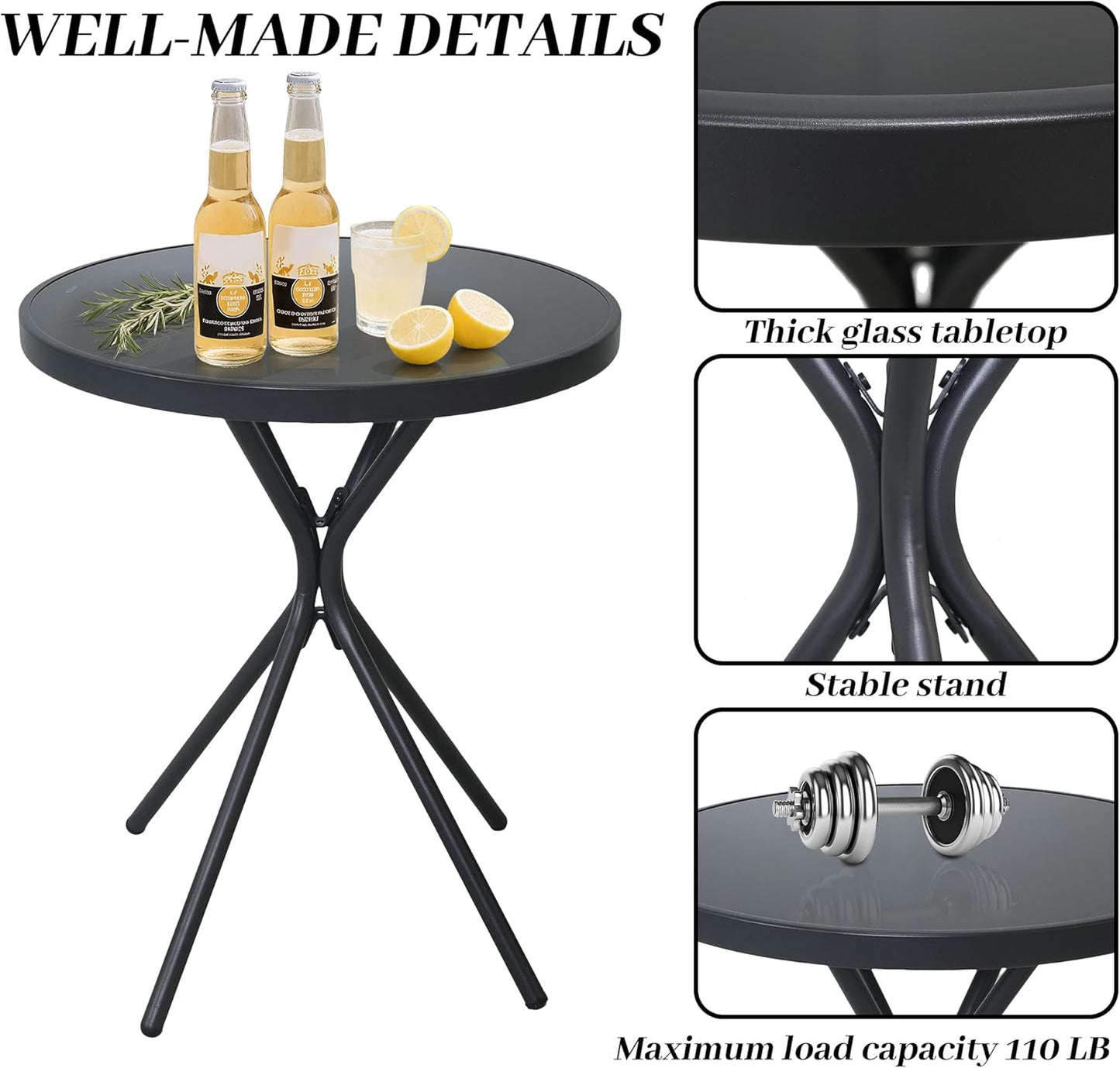 Outdoor Coffee Table with Tempered Glass Top - 23" Metal Bistro Table, All-Weather Steel Accent Table for Patio, Garden & Poolside, Small Space Side Table