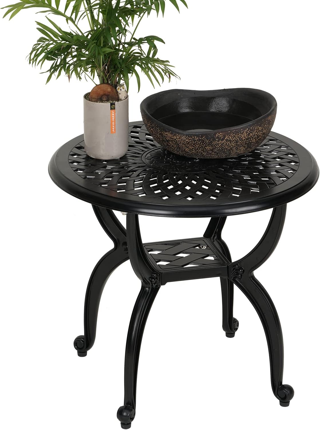 JARDIN DE CENTENNIAL Cast Aluminum Side/End Table, Anti-Rust Coffee Bistro Table for Outdoor, Patio, Indoor, Garden, Porch, Balcony (Round Black)