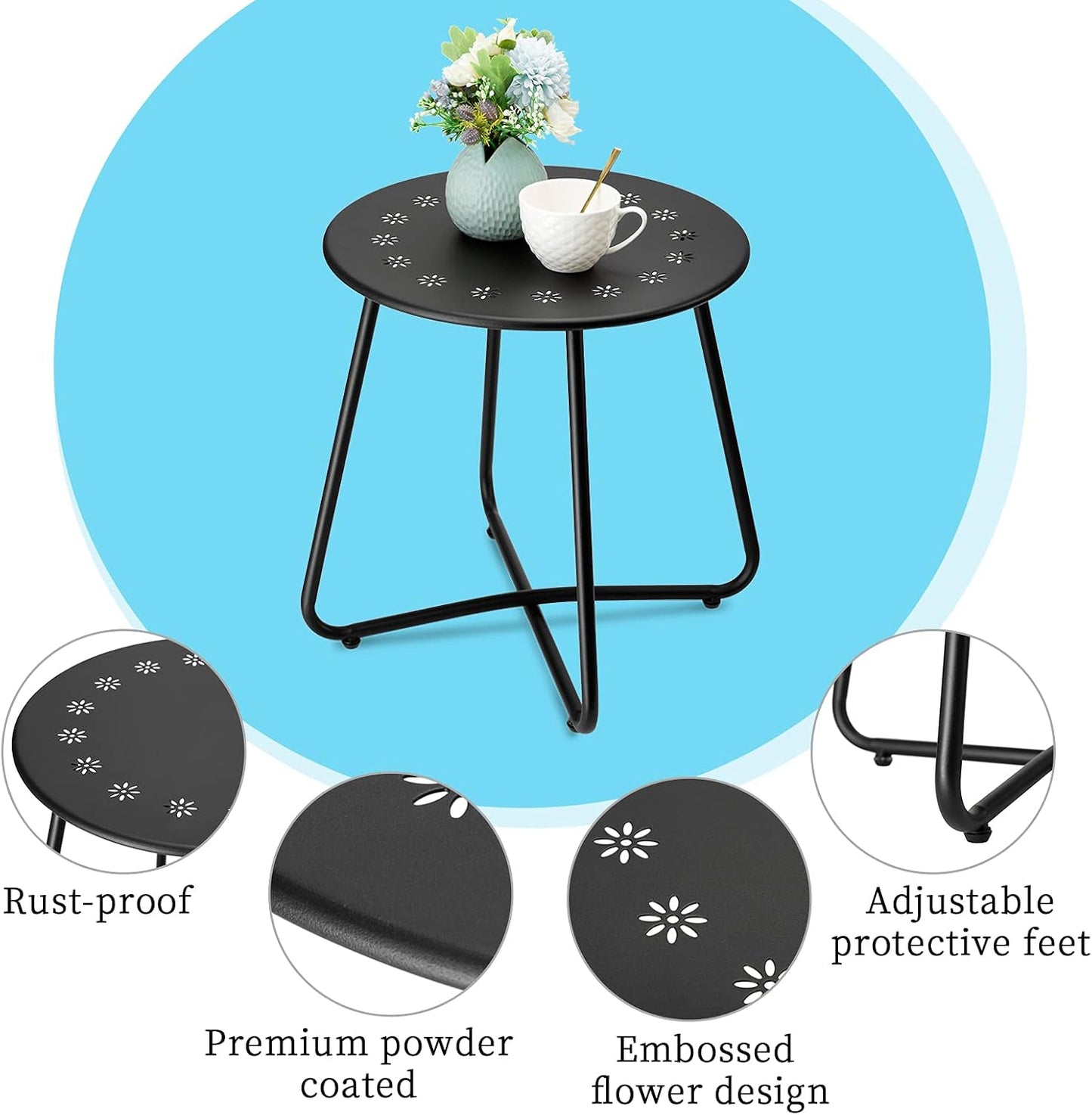 danpinera Outdoor Side Tables with Flower Cut Outs, Weather Resistant Steel Patio Side Table, Small Round Outdoor End Table Metal Side Table for Patio Yard Balcony Garden Black