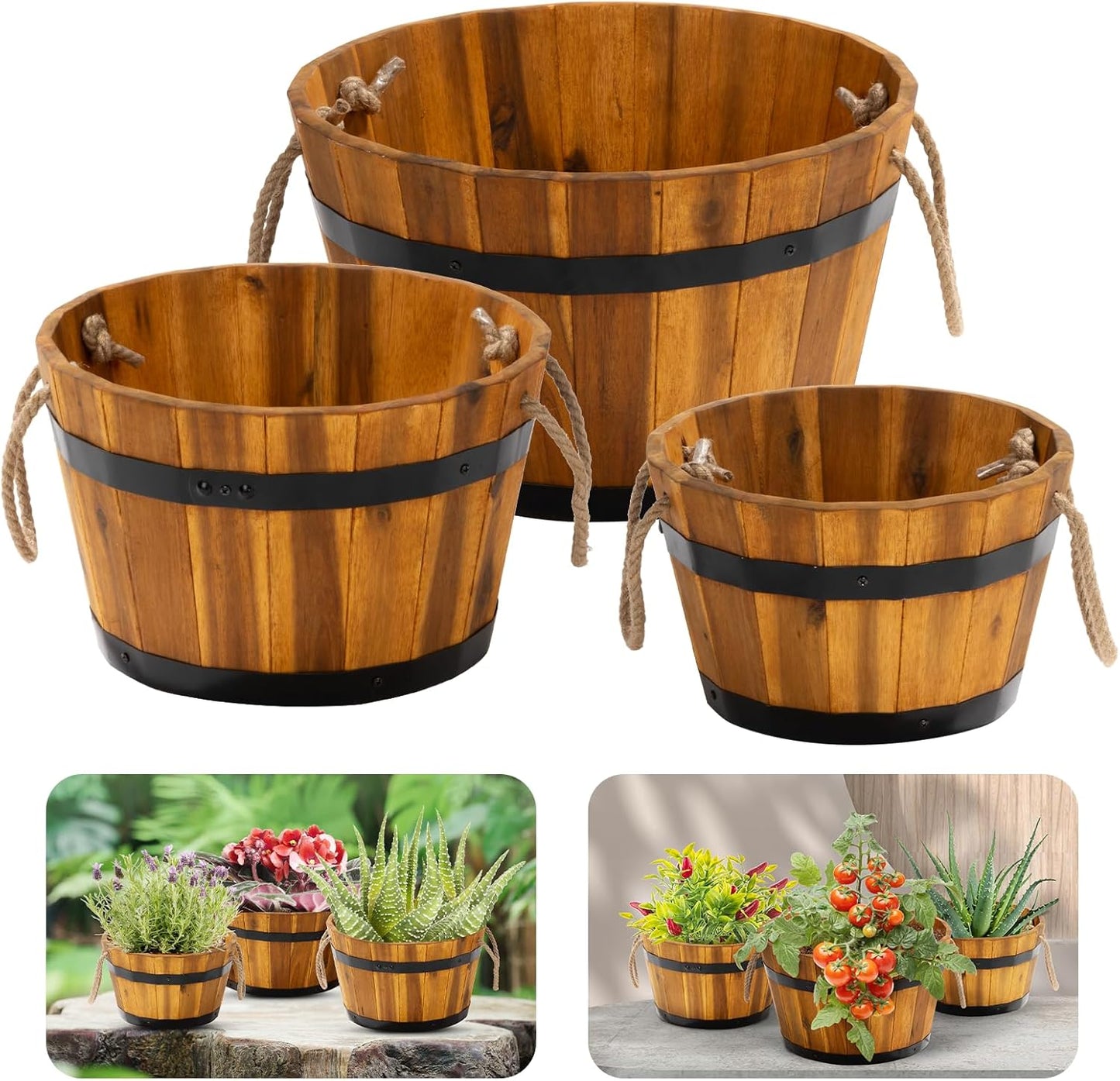 Idzo Set of 3 Wooden Flower Boxes Outdoor, Durable Acacia Wood Barrel Planters for Outdoor Plants with Ergonomic Handles, Drainage Holes, Multiple Sizes Wood Bucket Planter Light Brown