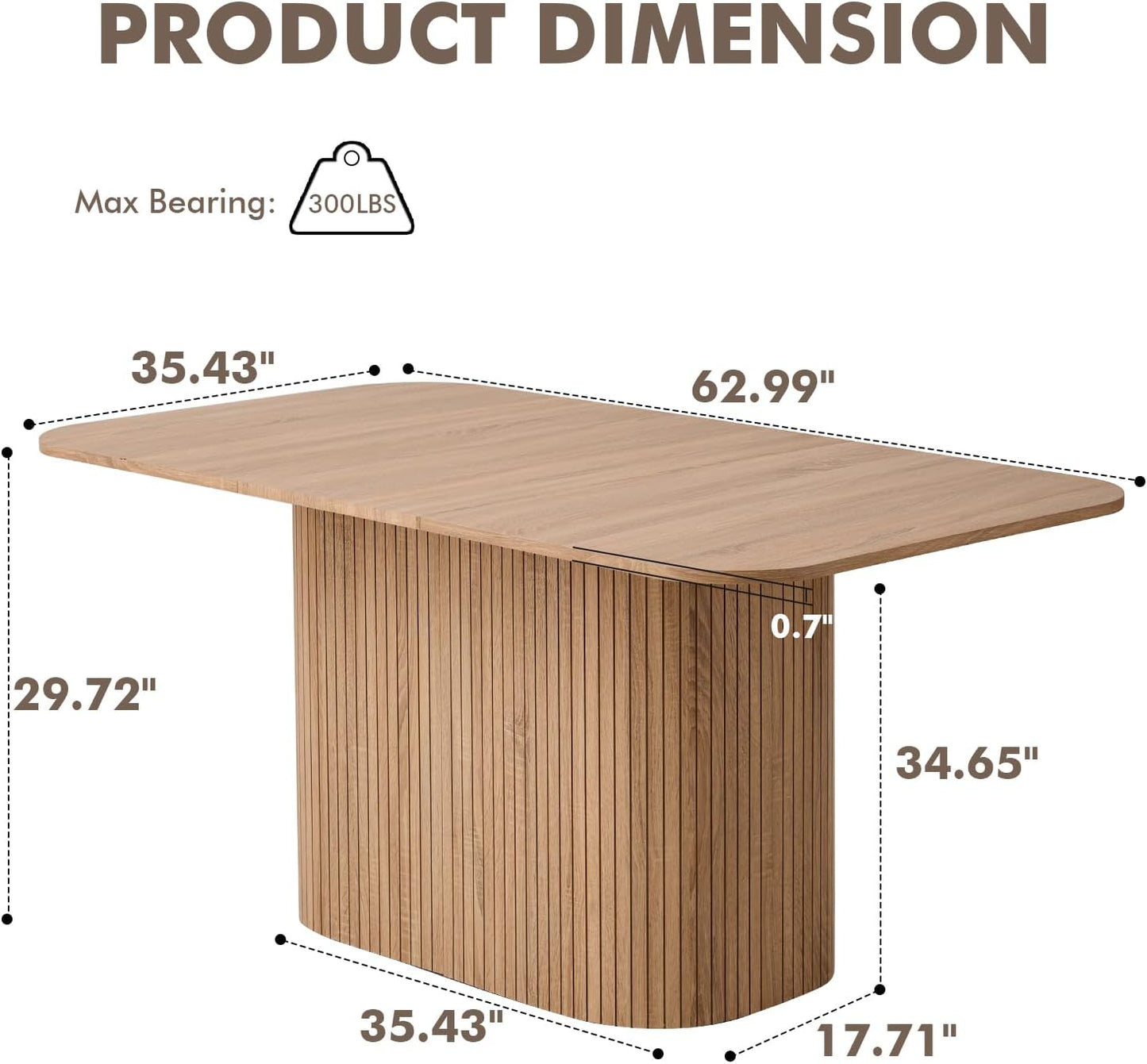 63" Large Dining Table for 4 6 Person, [Rounded Corners] [Wood Strip Pedestal Base] Farmhouse Modern Rectangle Kitchen Dinner Table