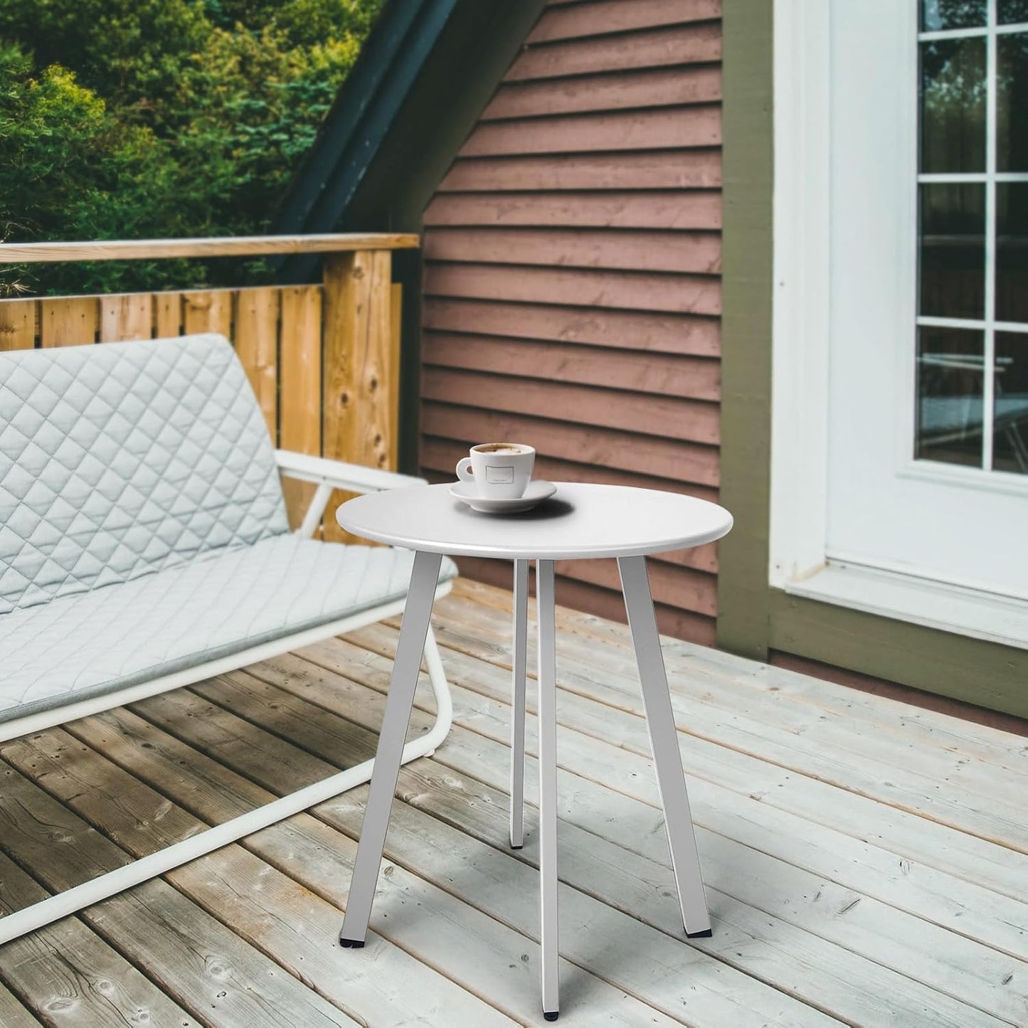 Outdoor Side Table - Weather Resistant Patio Table, Round Metal Steel, Waterproof End Table for Garden, Balcony, Yard, White