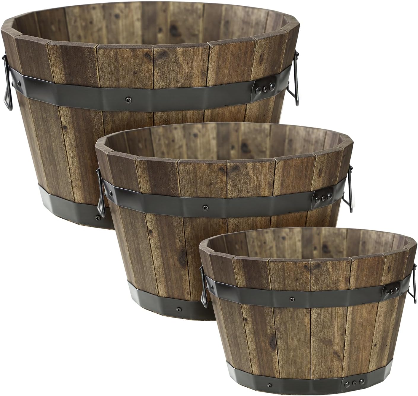 Idzo Set of 3 Wooden Flower Boxes Outdoor, Durable Acacia Wood Barrel Planters for Outdoor Plants with Ergonomic Handles, Drainage Holes, Multiple Sizes Wood Bucket Planter Light Brown