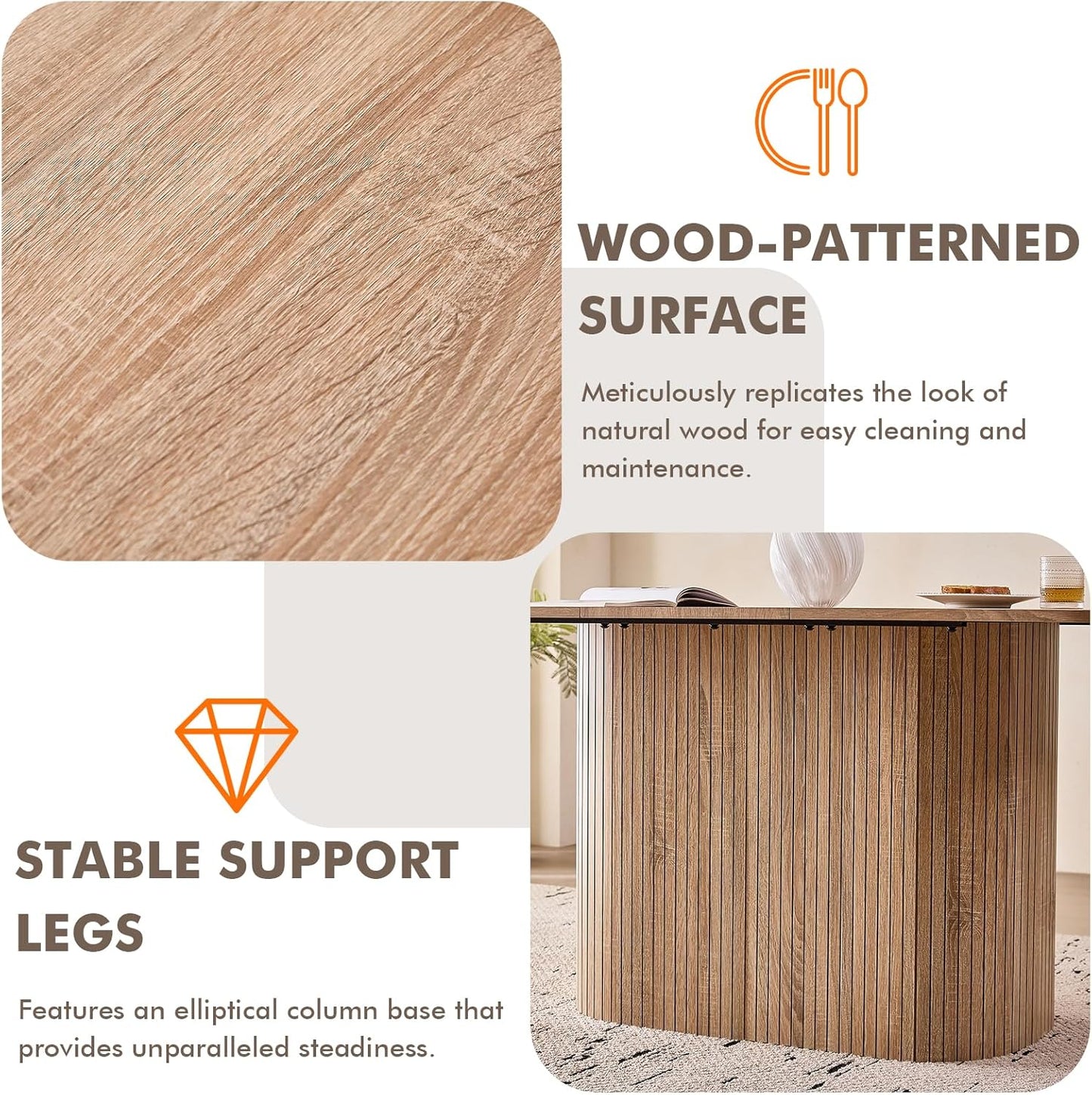 63" Large Dining Table for 4 6 Person, [Rounded Corners] [Wood Strip Pedestal Base] Farmhouse Modern Rectangle Kitchen Dinner Table