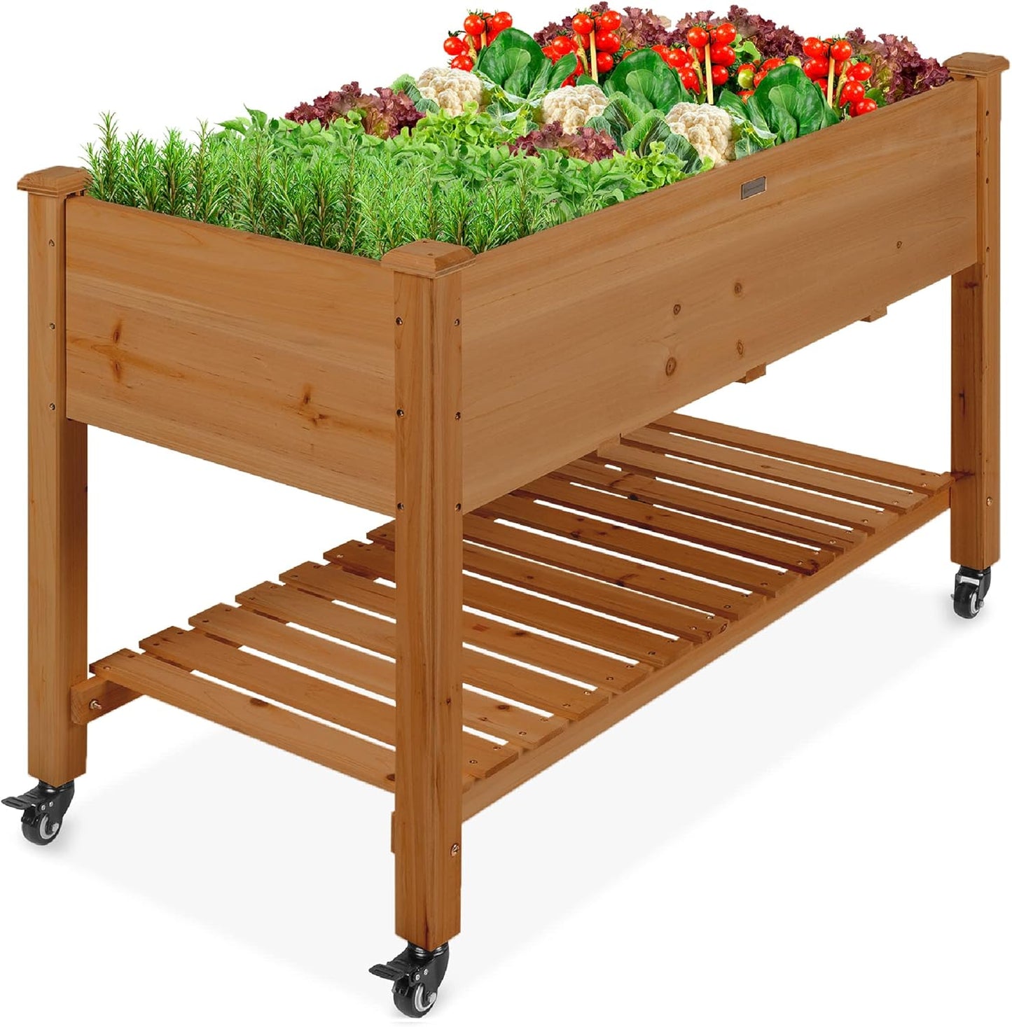 Best Choice Products Raised Garden Bed 48x24x32-inch Mobile Elevated Wood Planter w/Lockable Wheels, Storage Shelf, Protective Liner - Natural
