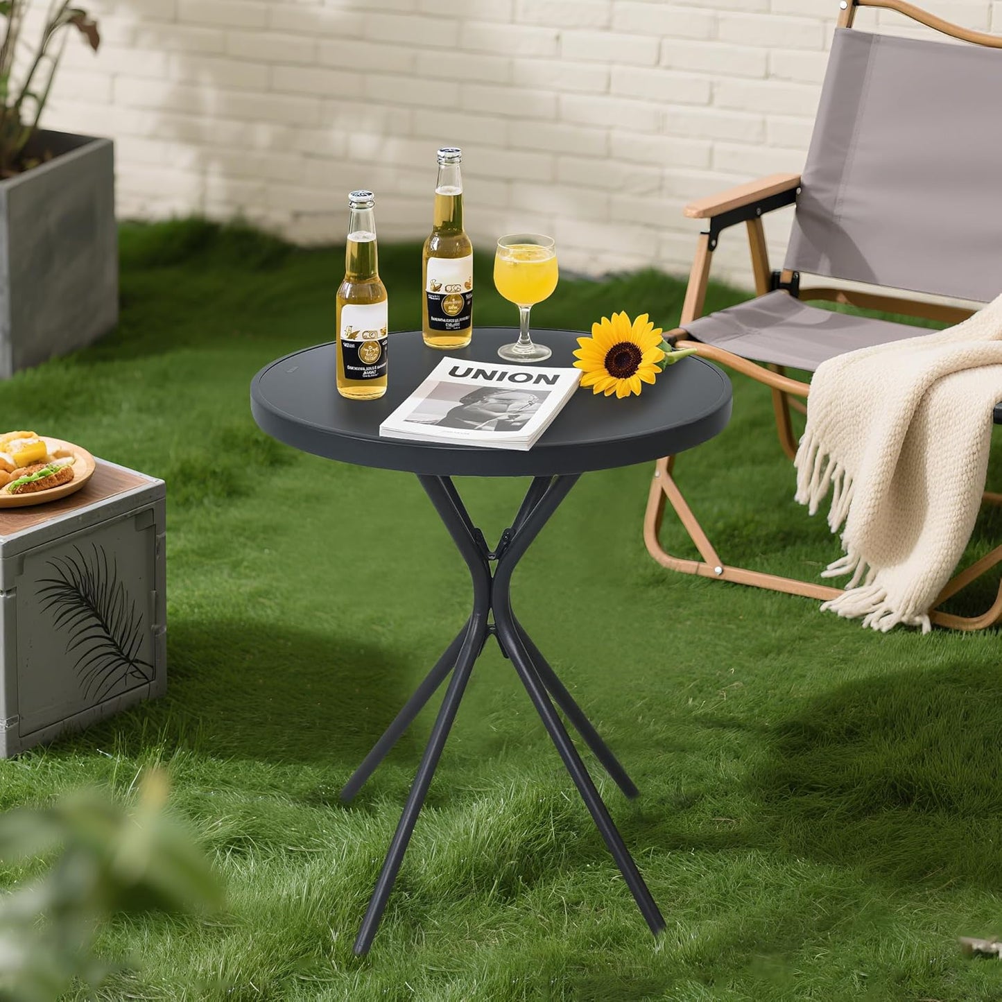 Outdoor Coffee Table with Tempered Glass Top - 23" Metal Bistro Table, All-Weather Steel Accent Table for Patio, Garden & Poolside, Small Space Side Table