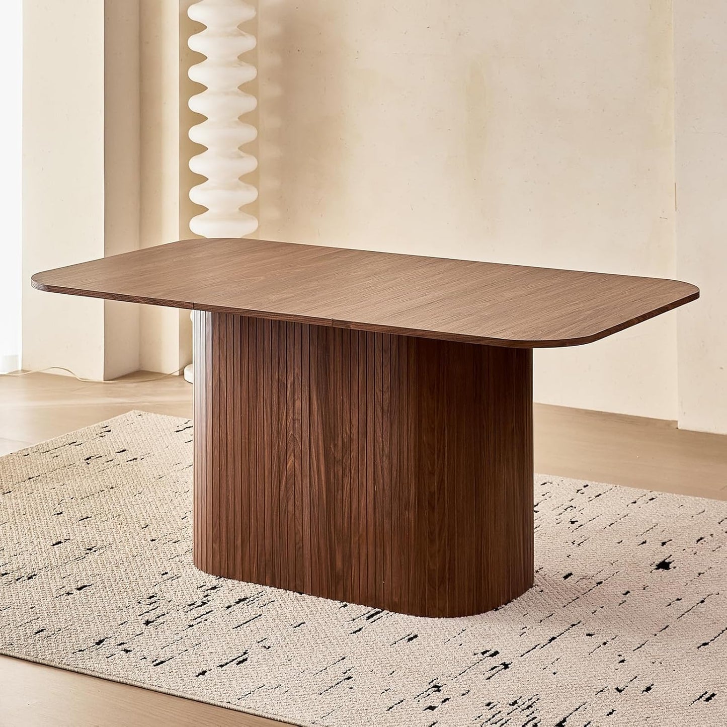 63" Large Dining Table for 4 6 Person, [Rounded Corners] [Wood Strip Pedestal Base] Farmhouse Modern Rectangle Kitchen Dinner Table