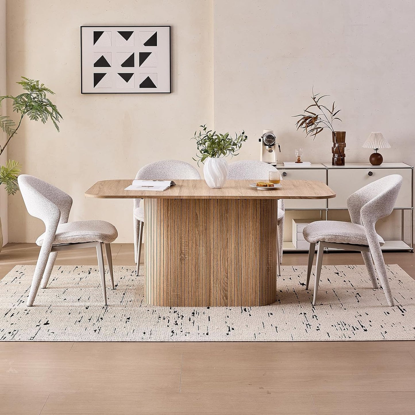 63" Large Dining Table for 4 6 Person, [Rounded Corners] [Wood Strip Pedestal Base] Farmhouse Modern Rectangle Kitchen Dinner Table