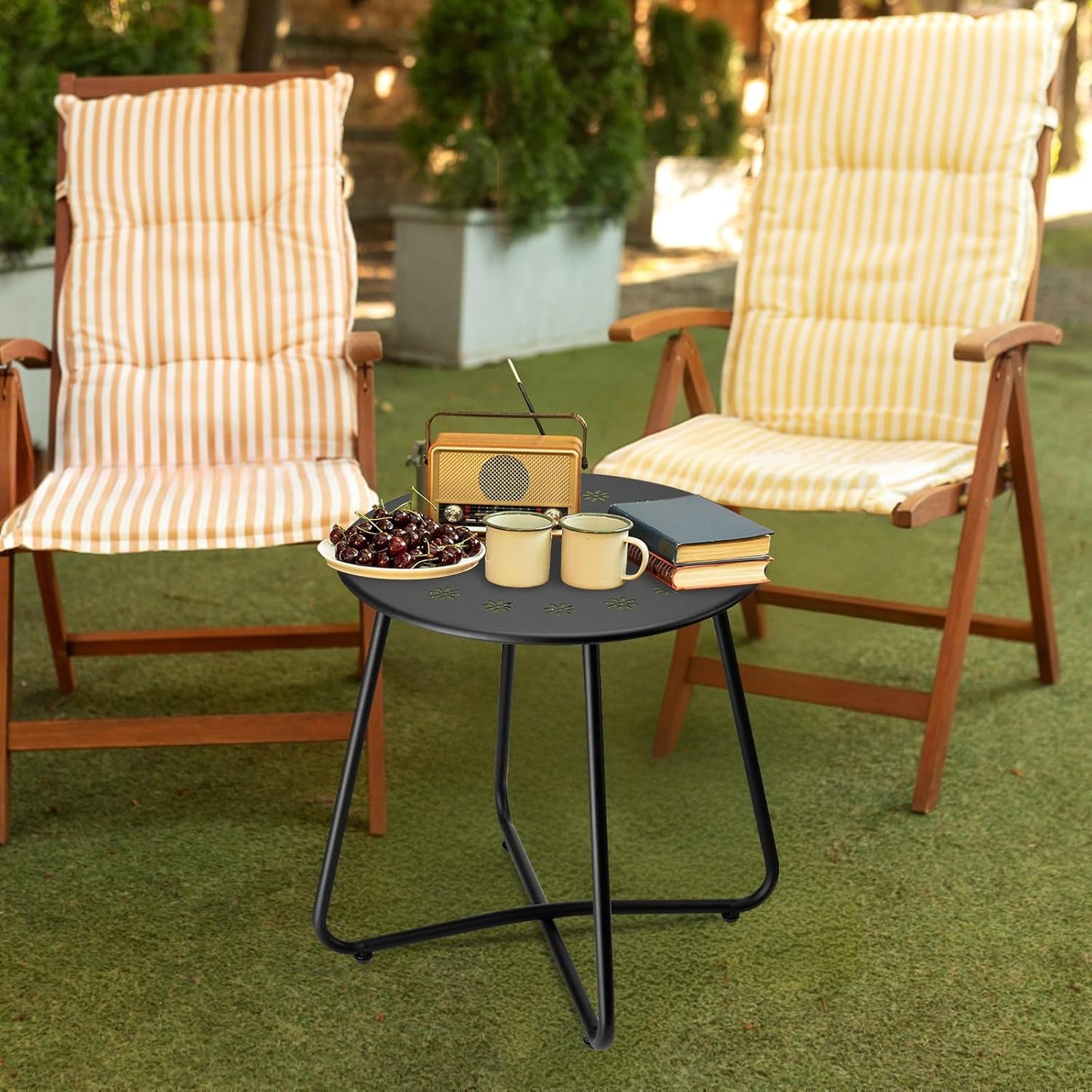 danpinera Outdoor Side Tables with Flower Cut Outs, Weather Resistant Steel Patio Side Table, Small Round Outdoor End Table Metal Side Table for Patio Yard Balcony Garden Black