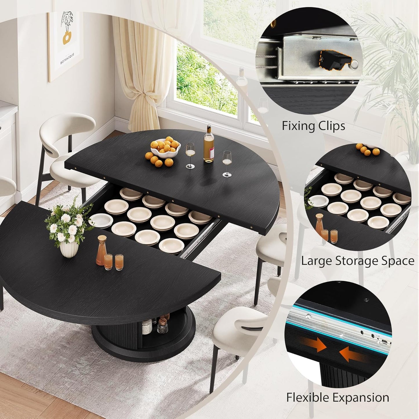 Dining Table for 4-6,63“Extendable Round Kitchen Dining Room Table with 2-Tier Storage Shelf, Space Saving Expandable Wood Oval Circle Dinner Furniture with Pedestal Base (Black)