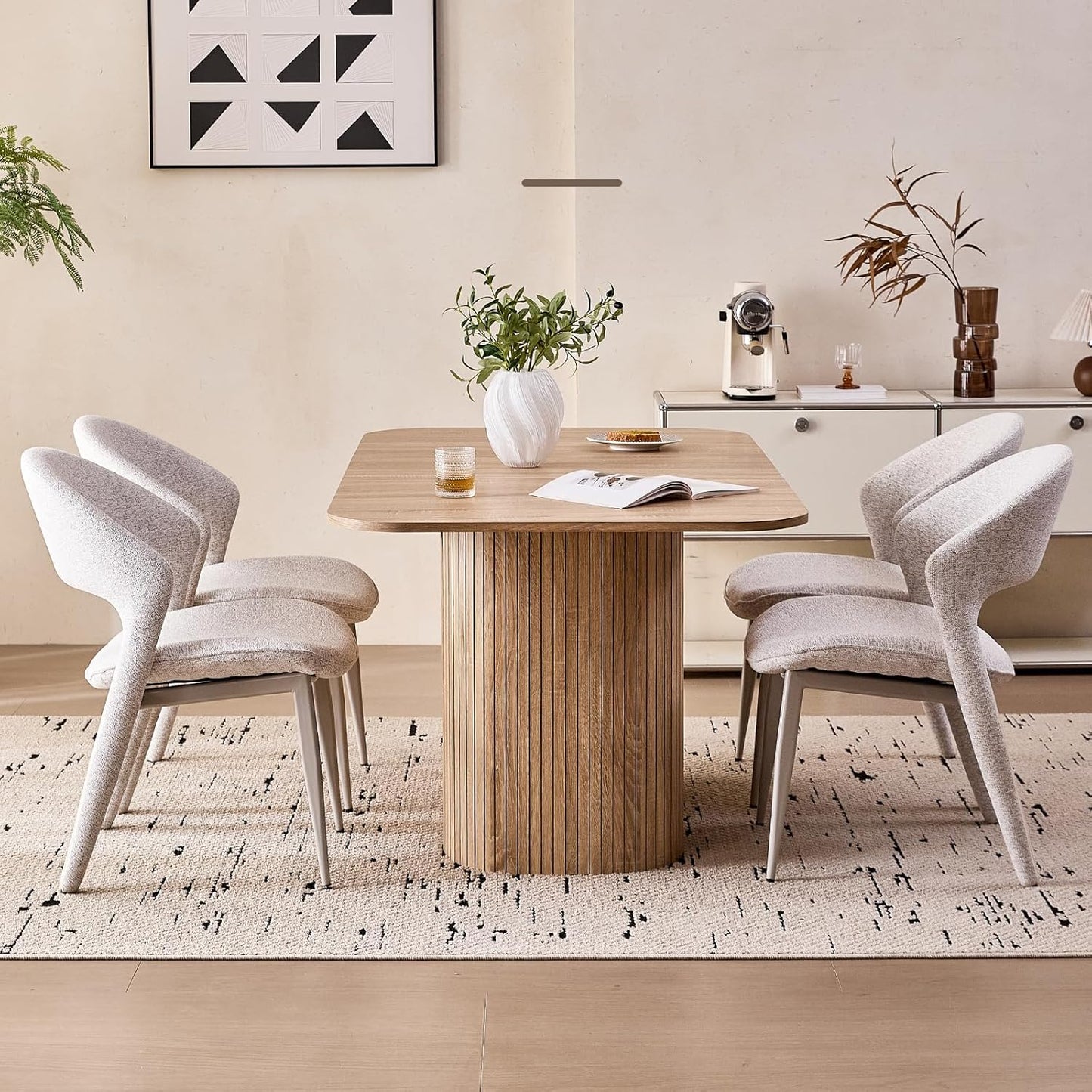 63" Large Dining Table for 4 6 Person, [Rounded Corners] [Wood Strip Pedestal Base] Farmhouse Modern Rectangle Kitchen Dinner Table