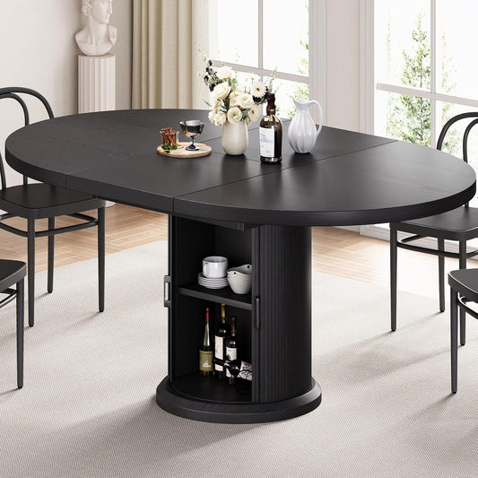 Dining Table for 4-6,63“Extendable Round Kitchen Dining Room Table with 2-Tier Storage Shelf, Space Saving Expandable Wood Oval Circle Dinner Furniture with Pedestal Base (Black)