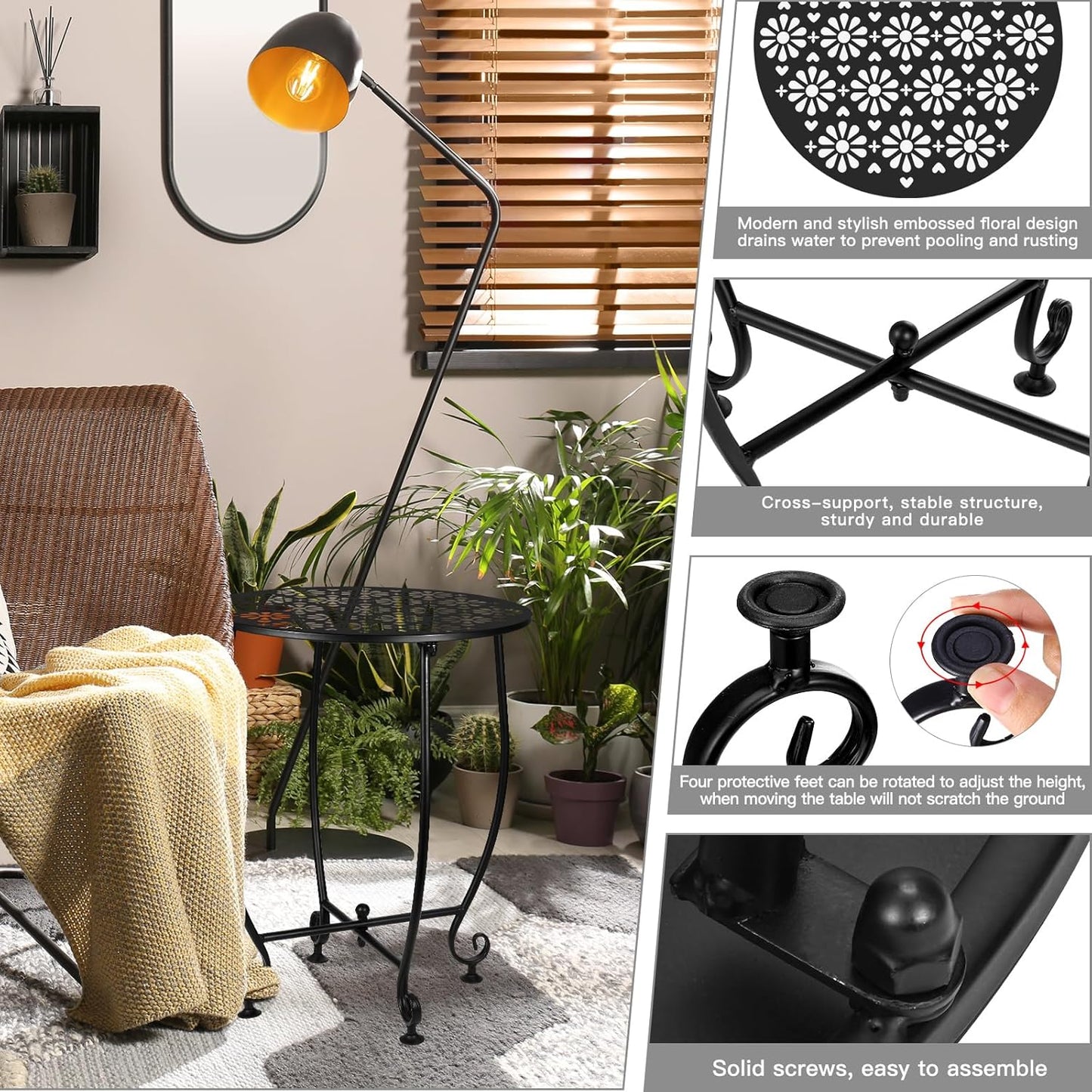 Outdoor Side Table,Outdoor Small Table,Weather Metal Resistant Steel Patio Side Table, Round Outside Table for Porch, Garden,Indoor&Outdoor,Black (Style E)