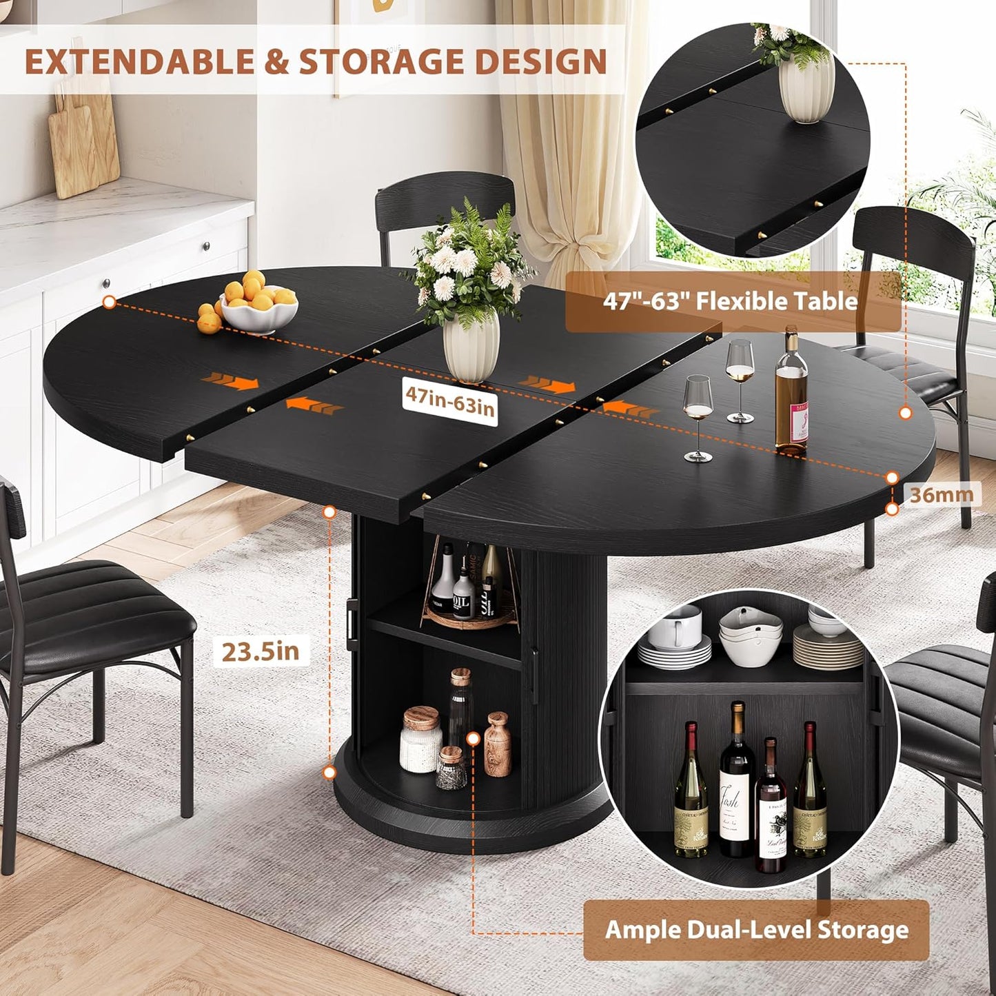 Dining Table for 4-6,63“Extendable Round Kitchen Dining Room Table with 2-Tier Storage Shelf, Space Saving Expandable Wood Oval Circle Dinner Furniture with Pedestal Base (Black)